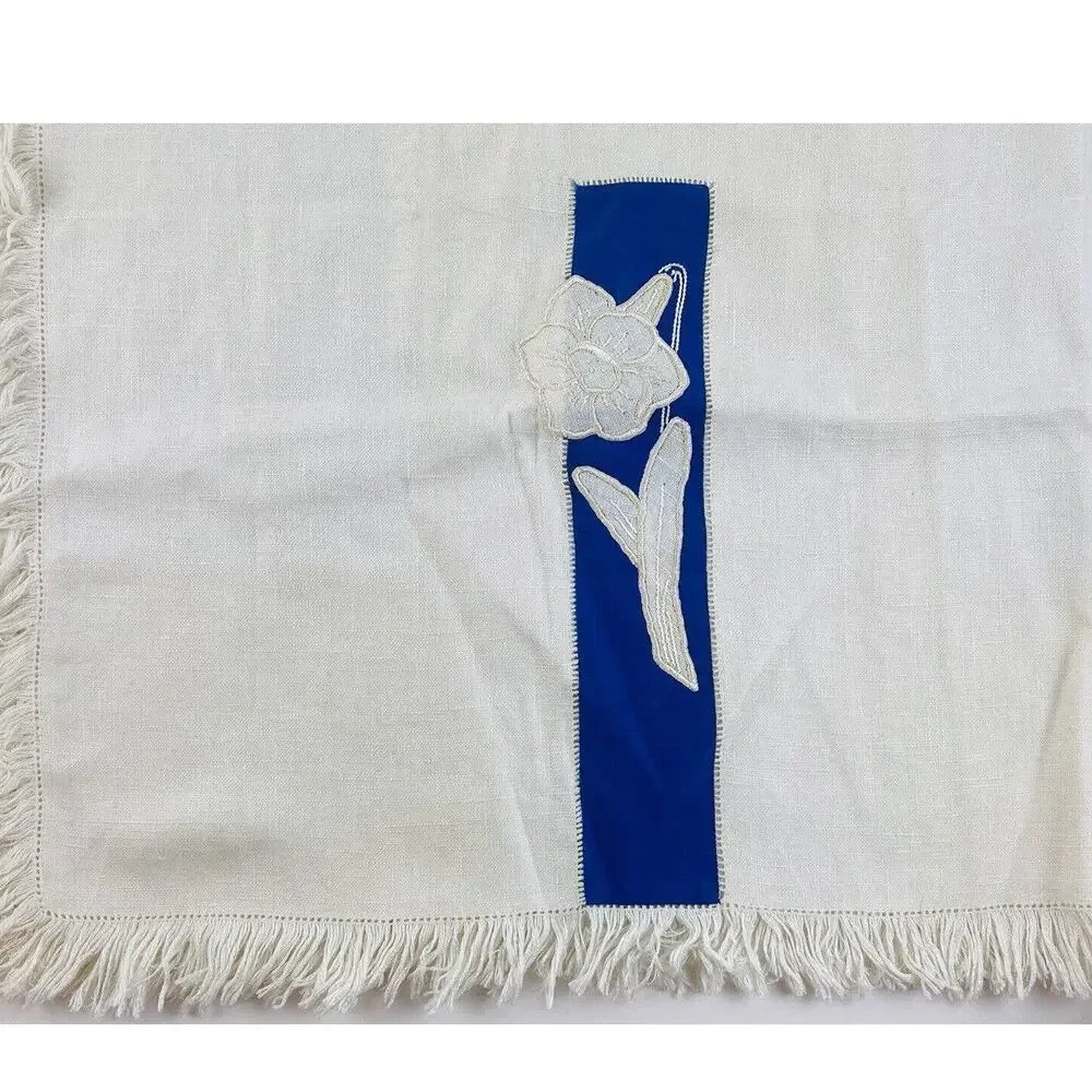 Antique Embroidered Table scarf Linen with fringe Square Blue Flowers Soft Card